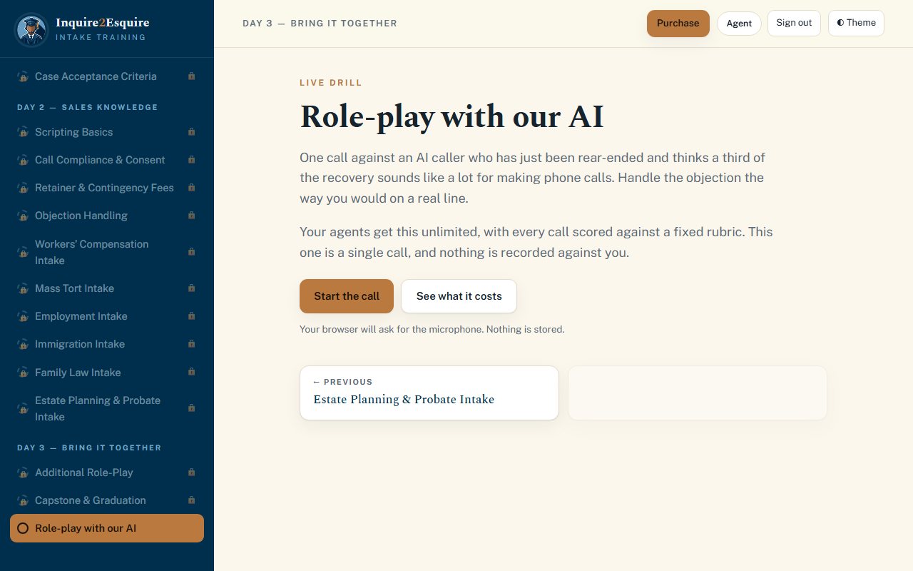 The live drill screen: role-play against an AI caller