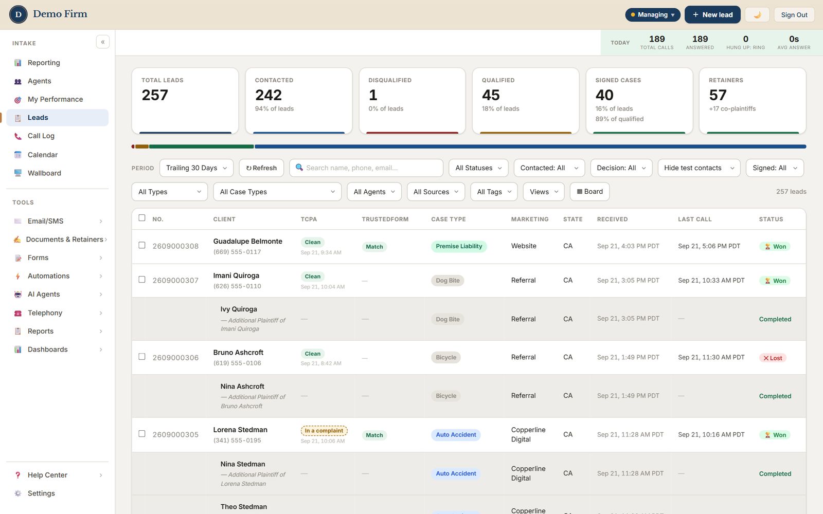 The CRM lead list: every lead with its source, stage and last contact