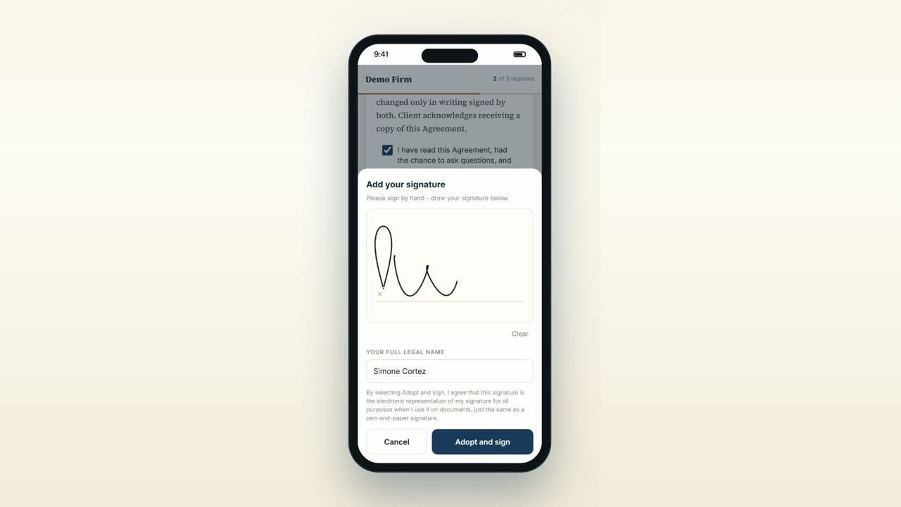 A client signing the fee agreement on a phone