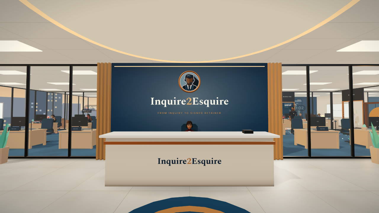 The reception of a firm's virtual office, with its name and logo on the wall