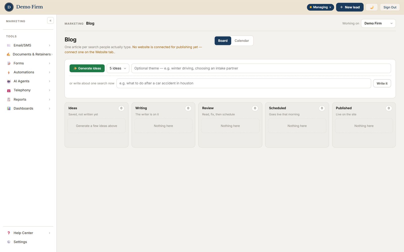 The blog board: ideas, writing, review, scheduled and published